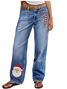 Flamingals Christmas Santa Pattern Embroidered Patch Pocket Jeans